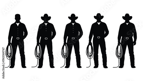 A row of five silhouetted cowboys each holding a lasso representing western culture and tradition