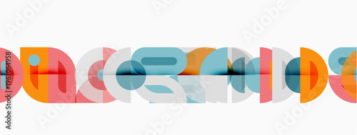 Colorful graphic design features overlapping semicircles forming word brands. Minimalist style, modern aesthetic, vibrant hues present.