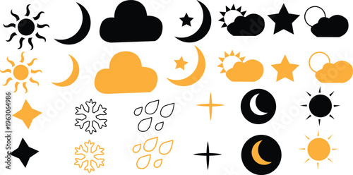 Weather icons, black and yellow weather symbols, 25 weather forecast elements, vector weather icons set