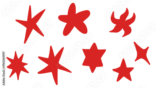 Playful Red Star Shapes on White Background, Hand Drawn Cartoon Stars Collection, Festive Holiday Elements, Vector Illustration - Transparent