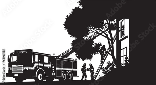 Fire truck with firefighters rescuing person from house