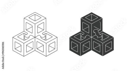 An isometric illustration depicts two interlocking cube shaped puzzle pieces one light and one dark