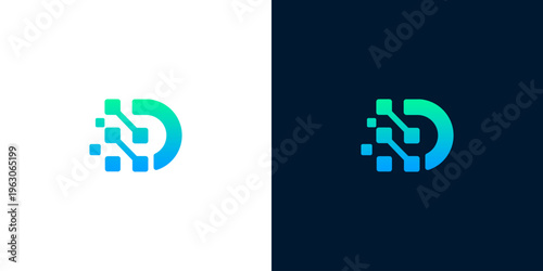 Abstract digital letter D logo design with blue and green gradient, technology and data concept icon