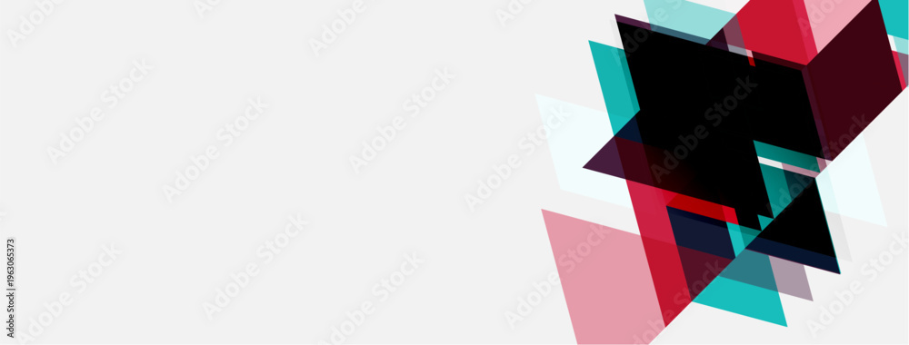 Fototapeta premium Abstract geometric shapes overlap, creating dynamic composition. Colors include pinks, blues, blacks, whites. Minimalist design.