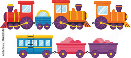 Colorful cartoon train vector set with locomotive engines, passenger carriage and cargo wagons in playful flat style for kids transportation illustration