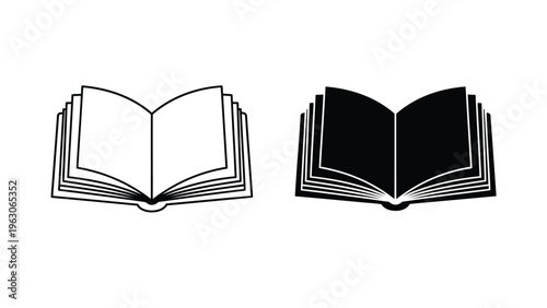 Two open books are depicted one with white pages and one solid black side by side