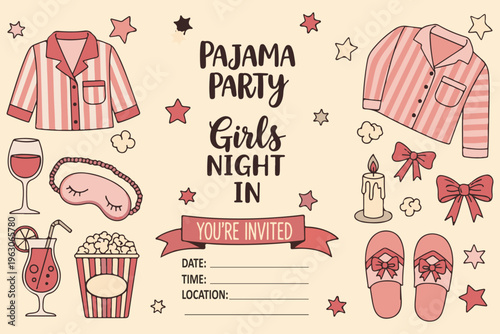 Pajama Night Party Girls Sleepover Invitation Card, Illustration Cartoon Collection