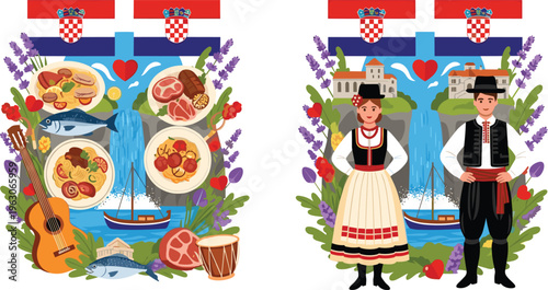 Croatia culture vector set with traditional costumes, food, landmarks, flag and folk elements in colorful flat illustration style