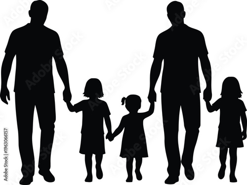 Silhouette of a same sex couple holding hands with two young girls