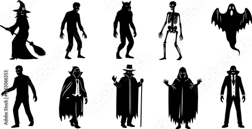 Halloween Monsters and Spooky Characters Silhouette Collection - Mythical Creatures Vector Set