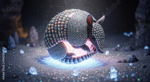 Cyberpunk armadillo with glowing neon lights.