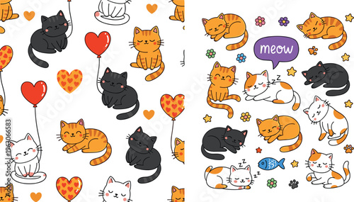 Cute cats pattern collection with playful kittens, hearts and cartoon pet elements vector set