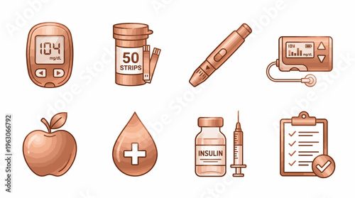 Diabetes Care Medical Vector Icons | Blood Glucose Meter, Test Strips, Insulin Pen, Pump, Healthy Eating, Syringe, Vial, Checklist | Healthcare Clipart Vector
