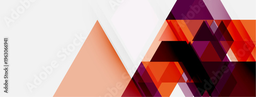 Abstract geometric design. Orange, purple hues dominate composition. Shapes overlap creating dynamic visual effect. Modern, minimalist style.