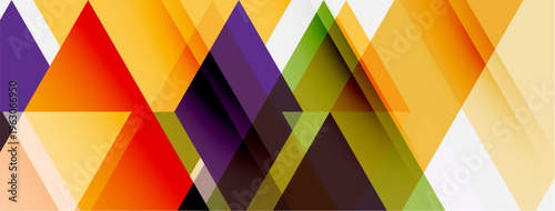 Abstract geometric composition. Overlapping triangles, rectangles create dynamic visual texture. Warm, cool colors blend seamlessly.