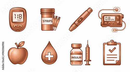 Diabetes Care Medical Vector Icons | Blood Glucose Meter, Test Strips, Insulin Pen, Pump, Healthy Eating, Syringe, Vial, Checklist | Healthcare Clipart Vector