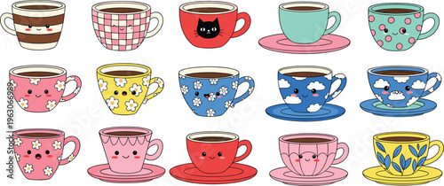 Cute coffee cups vector set with smiling kawaii mugs, colorful patterns and cozy beverage elements in playful flat cartoon illustration style