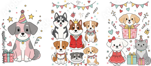 Cute dog characters vector set with puppies, birthday party, gifts, festive decorations and adorable cartoon pets in colorful flat illustration style