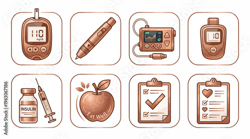 Diabetes Care Medical Vector Icons | Blood Glucose Meter, Test Strips, Insulin Pen, Pump, Healthy Eating, Syringe, Vial, Checklist | Healthcare Clipart Vector