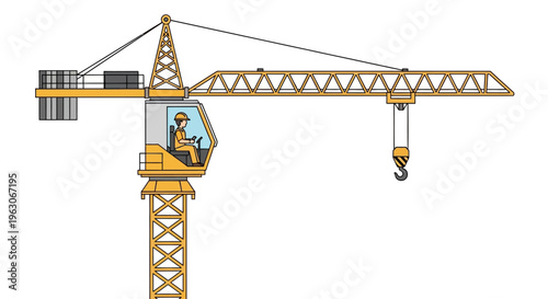 Construction Crane Operator Working in Cabin, Heavy Machinery, Industrial Site