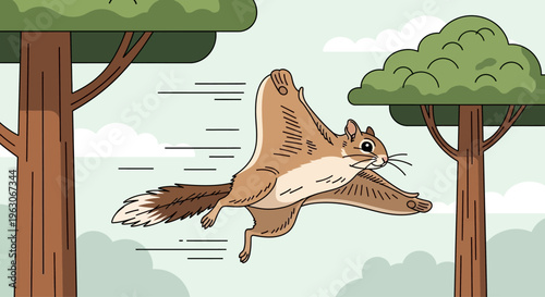 Flying Squirrel Gliding Between Trees in Forest, Motion Blur, Cartoon Style