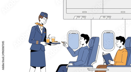 Flight attendant serving drinks to passengers on airplane