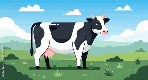 Happy Holstein Cow Standing in a Green Grassy Field with Blue Sky and Clouds