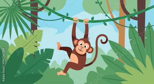 Happy Monkey Swinging on Vine in Lush Jungle Canopy, Tropical Rainforest Adventure