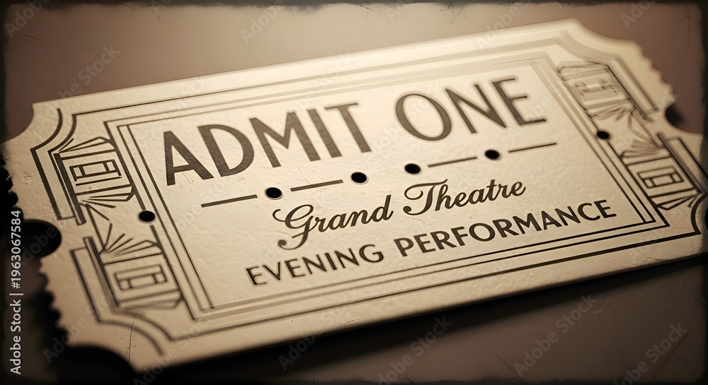 Fototapeta premium Vintage Admit One Ticket for Grand Theatre Evening Performance