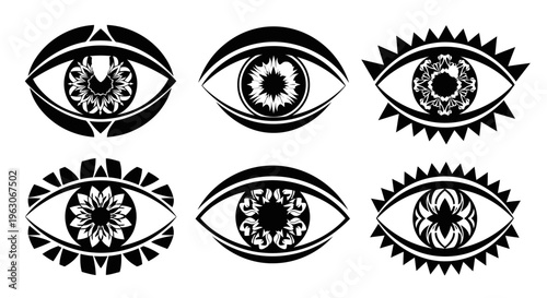Set of Six Stylized Black and White Eye Icons with Floral Patterns