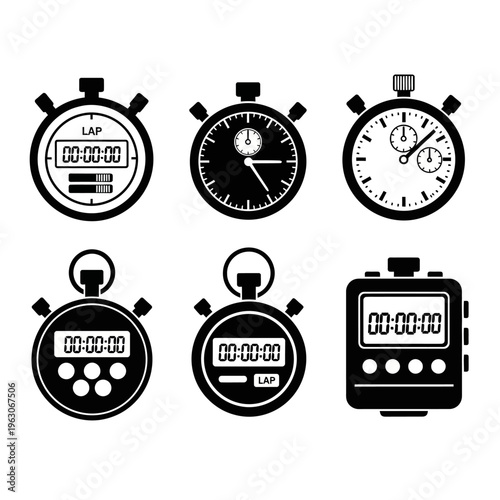 Set of Six Stopwatch Icons, Digital and Analog, Black and White, Isolated on White Background