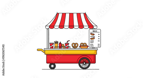 Street Food Cart with Hot Dogs, Pretzels, and Drinks - Vector Illustration