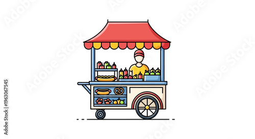 Street Food Cart with Vendor Selling Hot Dogs and Snacks