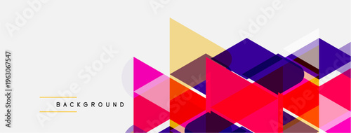 Abstract geometric shapes overlap, creating vibrant colorful background. Design features triangles, rectangles, modern aesthetic.