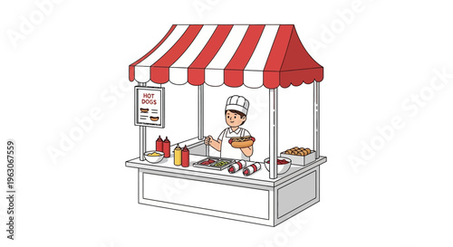 Street food vendor serving hot dogs at a red and white striped kiosk