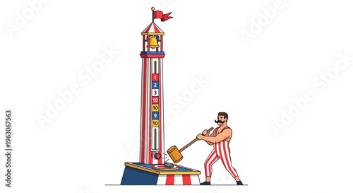 Strongman hits high striker game with mallet at carnival, bell rings at top