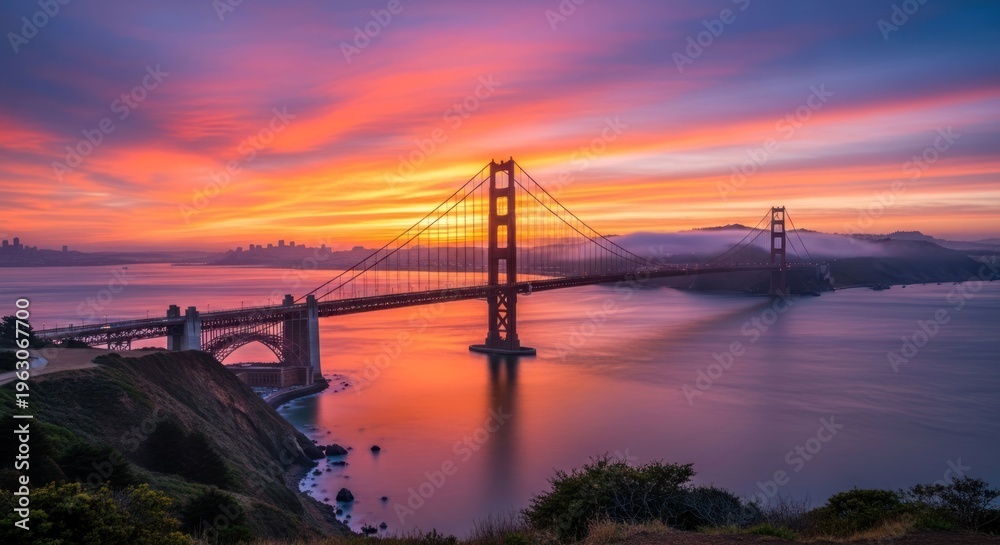 Obraz premium Iconic suspension bridge spans water at vibrant sunrise, skyline in distance