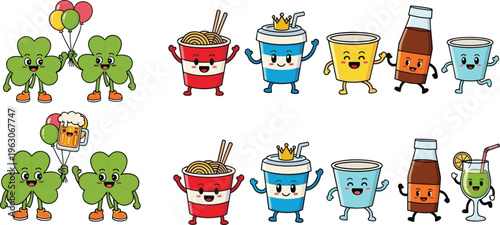 Cute food and drink characters vector set with noodles, soda, coffee, juice, beer and clover mascots in playful cartoon illustration style