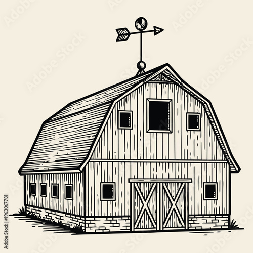 Vintage Farm Barn Illustration with Weathervane in Classic Engraving Style, Rural Architecture Hand-Drawn Vector Art
