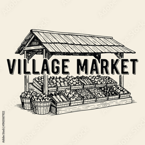 Village Market Logo - Rustic Outdoor Farmer's Market Stall Illustration