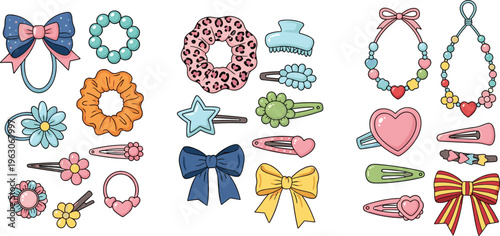 Cute hair accessories vector set with bows, clips, scrunchies, bracelets and colorful girly fashion elements in playful cartoon flat illustration style