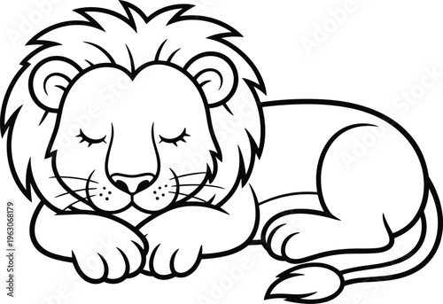 A cute cartoon lion sleeping peacefully in this simple black and white illustration