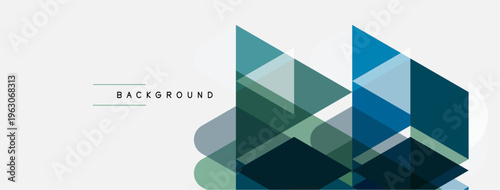 Abstract geometric shapes overlap, creating layered design. Blue, green hues dominate neutral background. Modern aesthetic.