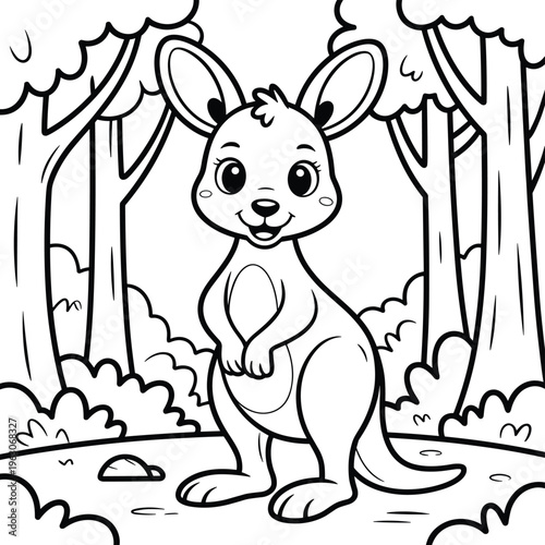 A cute baby kangaroo standing in a forest for a kids coloring book page