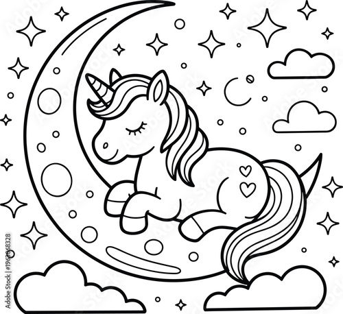A cute baby unicorn sleeping on a crescent moon surrounded by stars and fluffy clouds