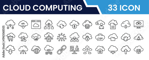 Outline Cloud Computing Icon Set in Line Art Style for Cloud Storage, Server, Data Center, Network, Virtualization, SaaS, PaaS, and Digital Interface Design