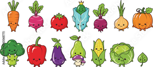Cute vegetable characters collection with smiling veggies including carrot, tomato, cabbage and corn cartoon vector set