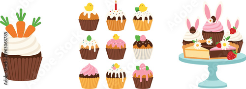 Easter cupcakes and dessert vector set with bunny ears, carrots, cream frosting and festive sweet treats in cute flat illustration style