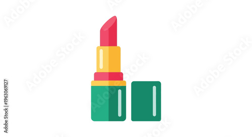 Open red lipstick in green tube with yellow and pink accents in colorful vibrant lighting for beauty product advertising