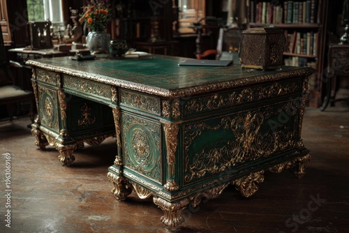 Elegant Green and Gold Ornate Desk in a Classic Study Interior